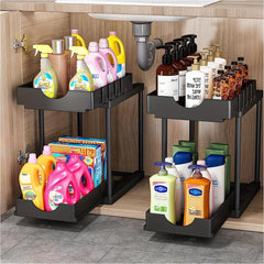 2 Tier Organizer & Storage Rack with Hooks for Kitchen & Bathroom