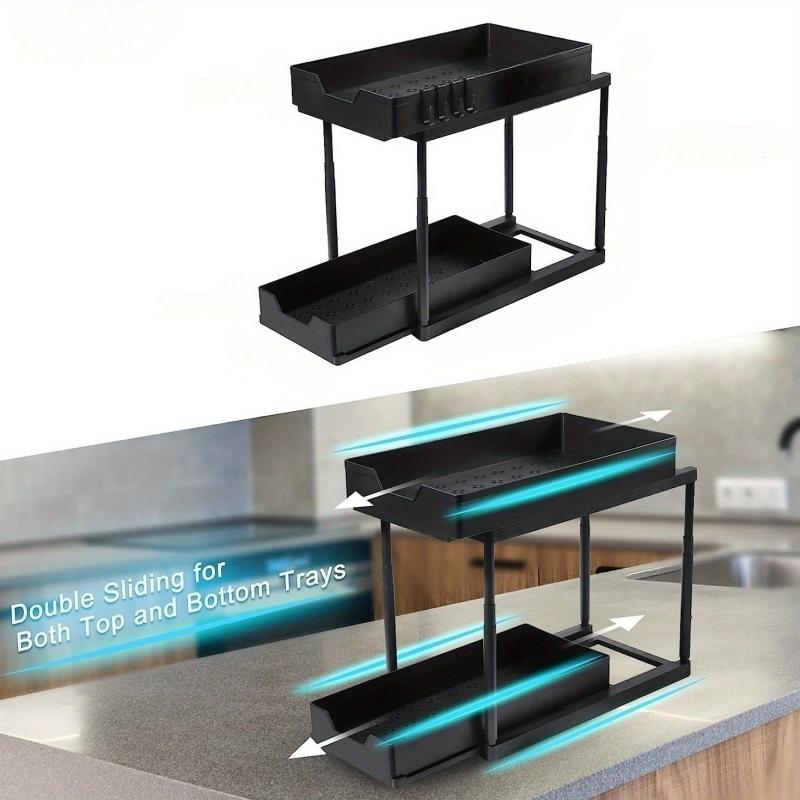 2 Tier Organizer & Storage Rack with Hooks for Kitchen & Bathroom