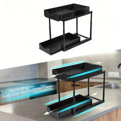 2 Tier Organizer & Storage Rack with Hooks for Kitchen & Bathroom