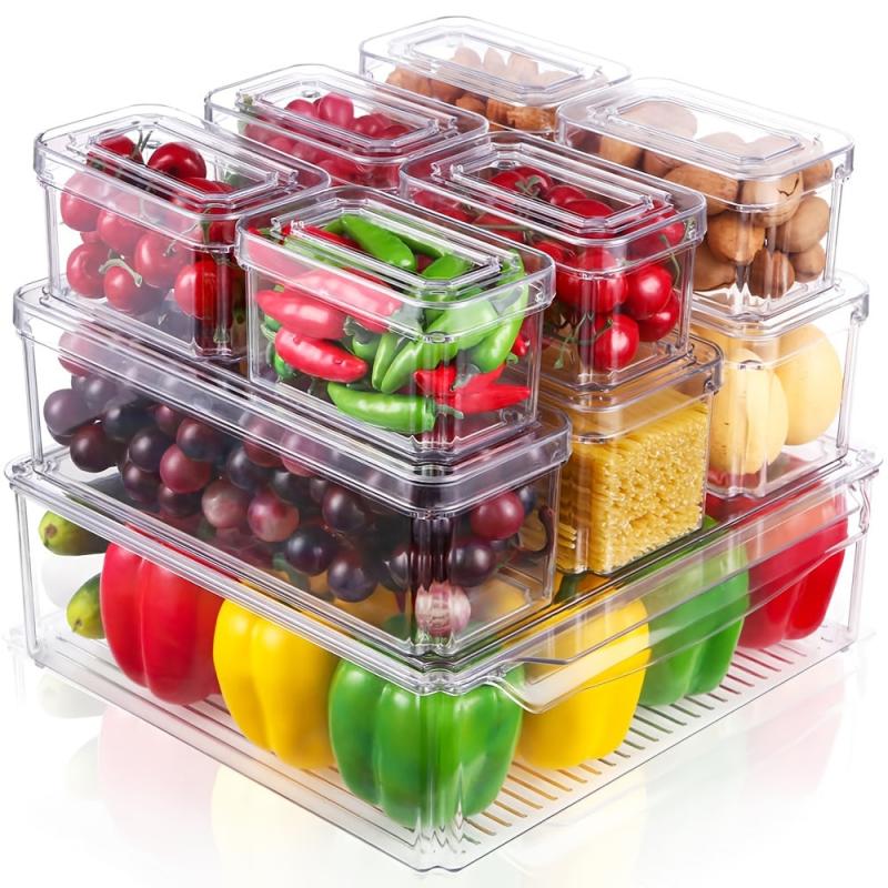 10pc Clear Fridge Organizer with Lid - Stackable Egg and Veg Container