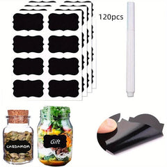120 Chalkboard Label Stickers + 1 Marker - Reusable & Waterproof