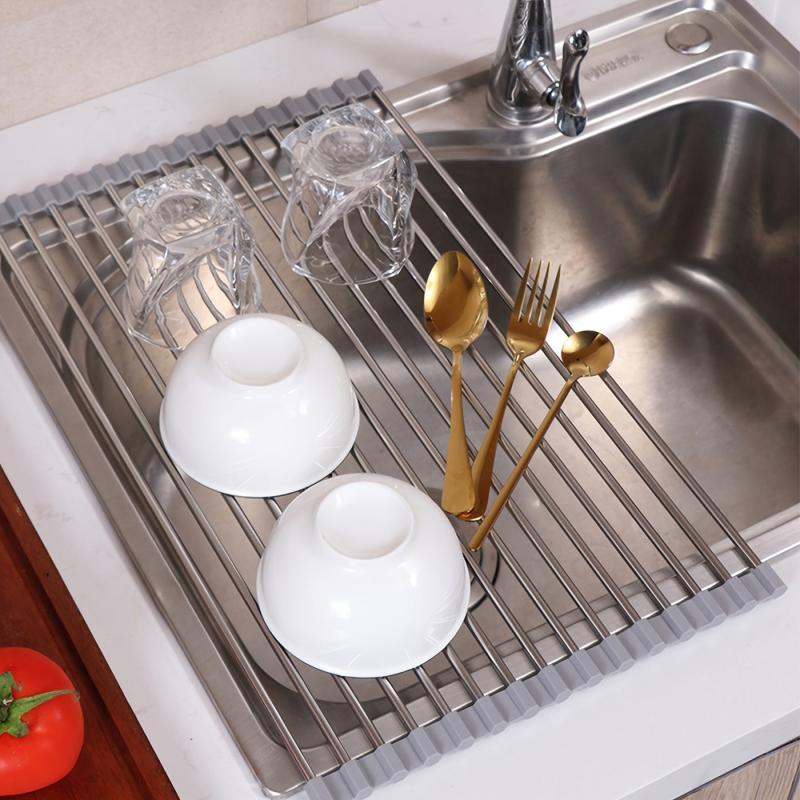 Roll Up Dish Drying Rack Stainless Steel Over Sink Drainer for Kitchen Counter