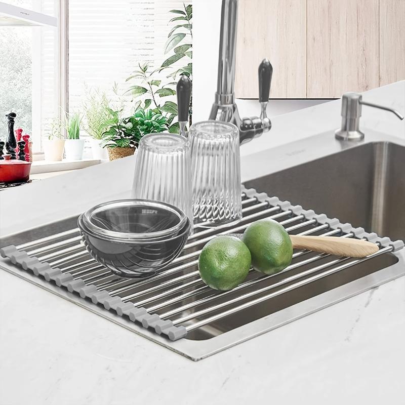 Roll Up Dish Drying Rack Stainless Steel Over Sink Drainer for Kitchen Counter