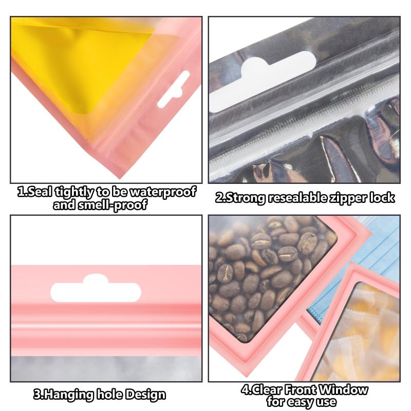 100 Pink Mylar Bags with Window Ziplock - Smell Proof Resealable Hallo
