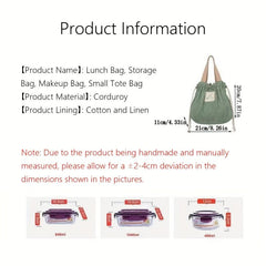 Reusable Corduroy Drawstring Lunch Bag for School & Work