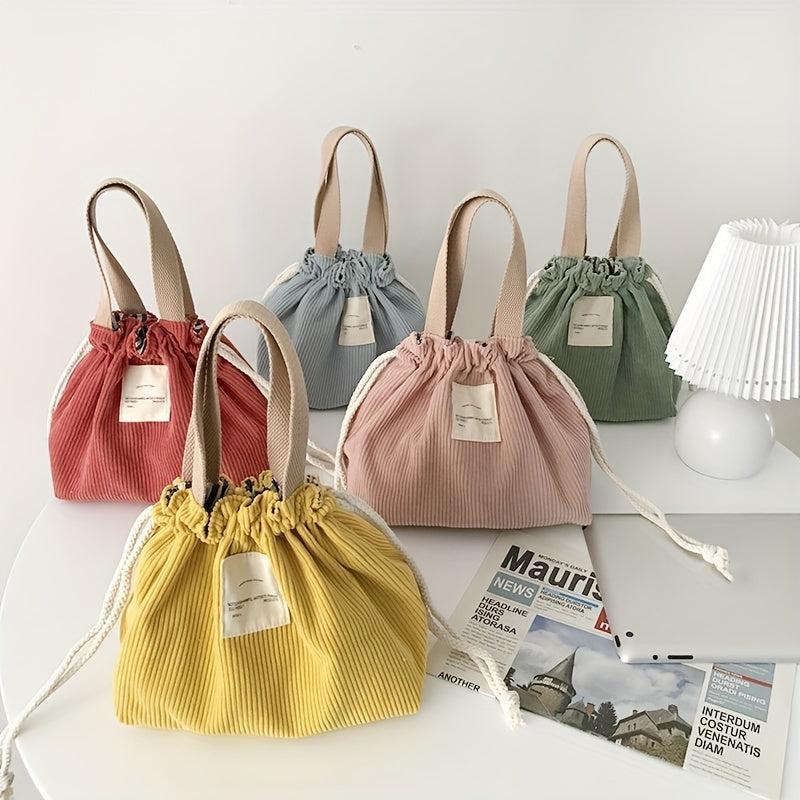 Reusable Corduroy Drawstring Lunch Bag for School & Work