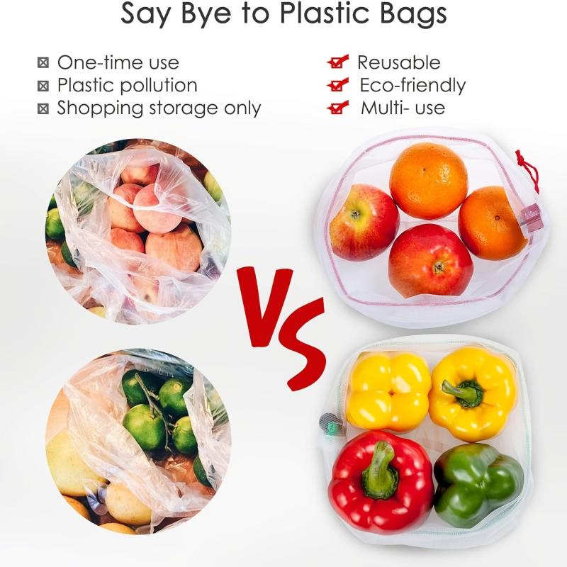 10pcs Reusable Mesh Produce Bags Set with Tare Weight Tags - Eco Friendly