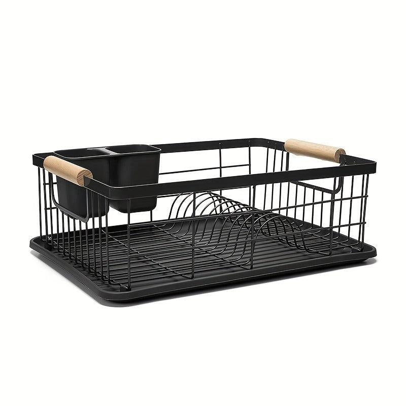Dish Drainer Rack Set With Bamboo Handles Metal Dish Drying Rack