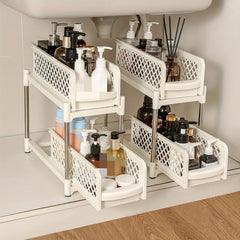2 Tier Sliding Cabinet Basket Organizer Shelf with Pull Out Drawer