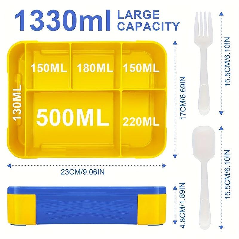 1pc Grid Lunch Box with Lid, Microwave Bento Box Divided with Spoon & Fork