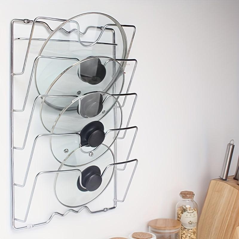 Stainless Steel 5 Tier Pot & Lid Rack w/Cutting Board Storage