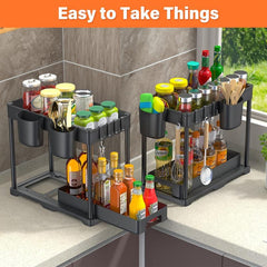 2pcs Under Sink Storage Rack 2 Tier Bathroom Counter Organizer with Hooks