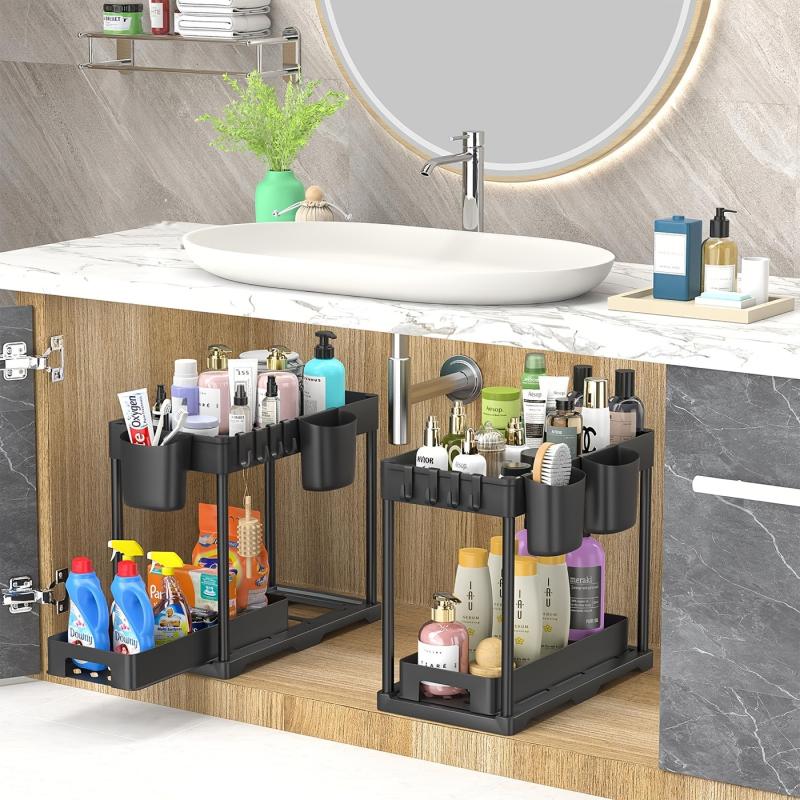 2pcs Under Sink Storage Rack 2 Tier Bathroom Counter Organizer with Hooks