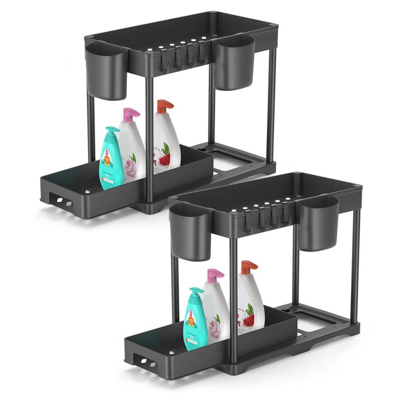 2pcs Under Sink Storage Rack 2 Tier Bathroom Counter Organizer with Hooks