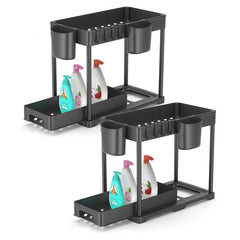 2pcs Under Sink Storage Rack 2 Tier Bathroom Counter Organizer with Hooks