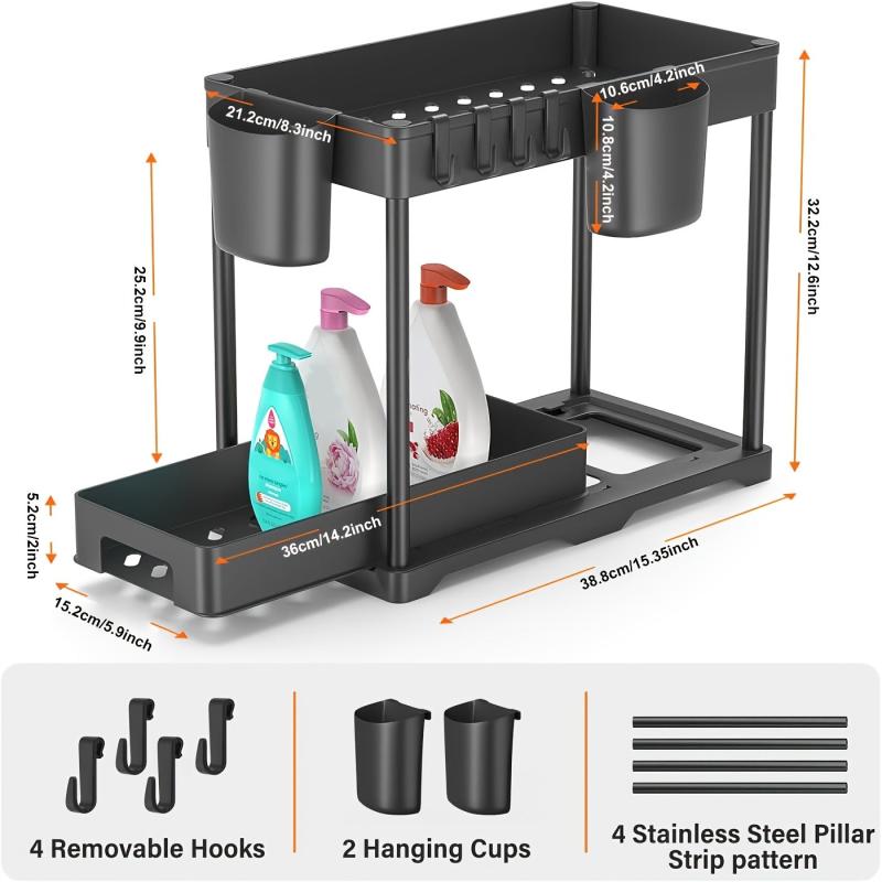 2pcs Under Sink Storage Rack 2 Tier Bathroom Counter Organizer with Hooks