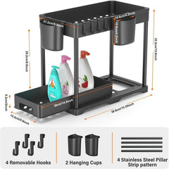 2pcs Under Sink Storage Rack 2 Tier Bathroom Counter Organizer with Hooks