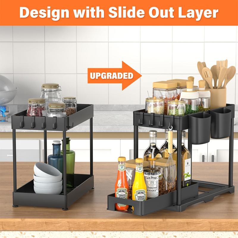 2pcs Under Sink Storage Rack 2 Tier Bathroom Counter Organizer with Hooks