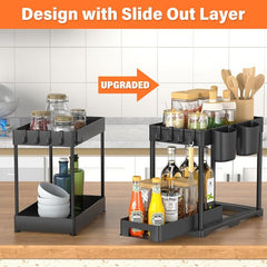2pcs Under Sink Storage Rack 2 Tier Bathroom Counter Organizer with Hooks