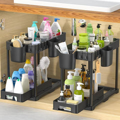 2pcs Under Sink Storage Rack 2 Tier Bathroom Counter Organizer with Hooks