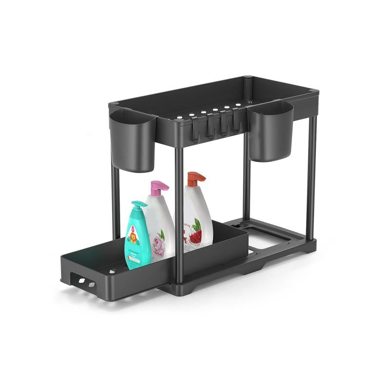 2pcs Under Sink Storage Rack 2 Tier Bathroom Counter Organizer with Hooks