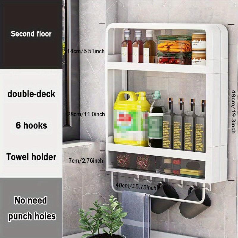 Layer Wall Mounted Spice Rack with 6 Hooks Punching Storage Shelf for Kitchen