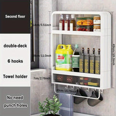 Layer Wall Mounted Spice Rack with 6 Hooks Punching Storage Shelf for Kitchen