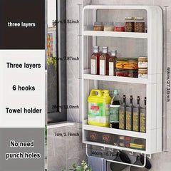 Layer Wall Mounted Spice Rack with 6 Hooks Punching Storage Shelf for Kitchen