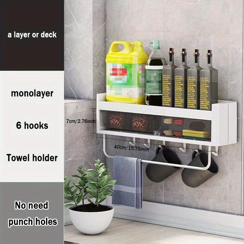 Layer Wall Mounted Spice Rack with 6 Hooks Punching Storage Shelf for Kitchen