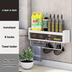 Layer Wall Mounted Spice Rack with 6 Hooks Punching Storage Shelf for Kitchen
