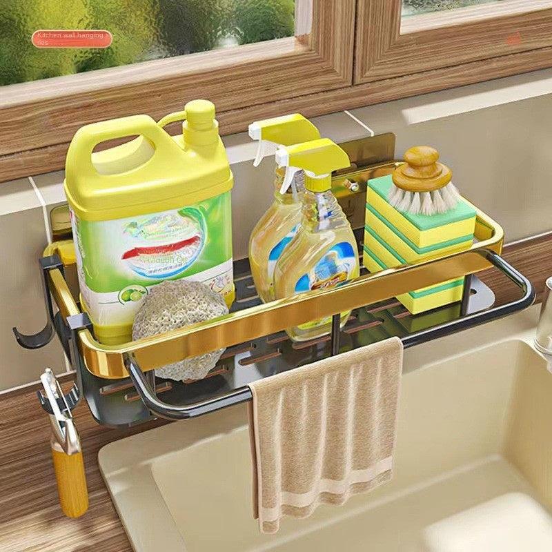 Metal Sink Caddy with Towel Rod and Hooks Wall Mount Sink Organizer