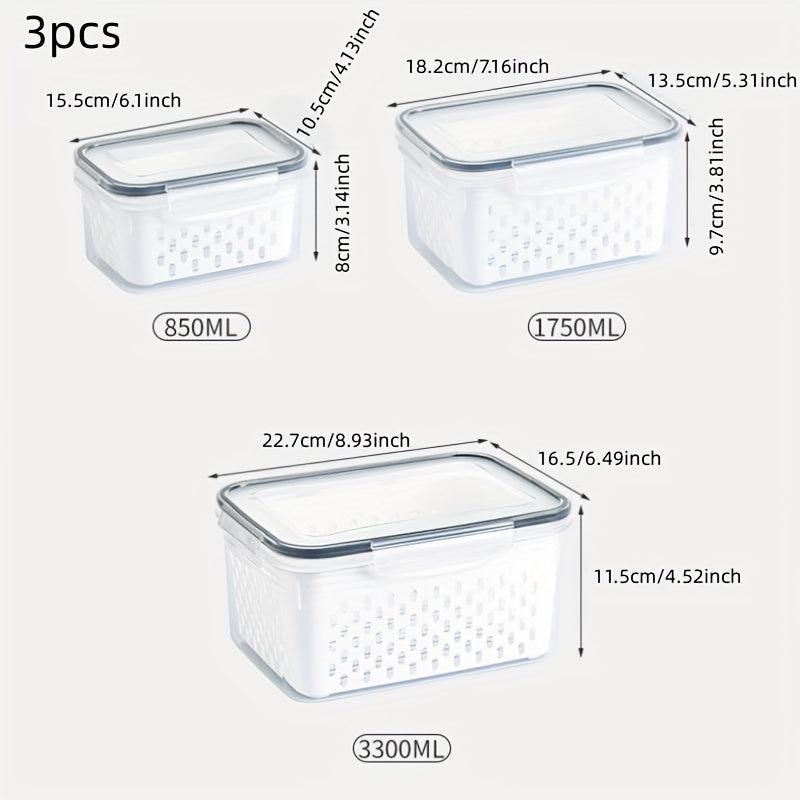 3pcs Transparent Refrigerator Storage Box with Lid and Drain Basket