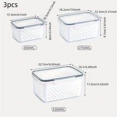 3pcs Transparent Refrigerator Storage Box with Lid and Drain Basket