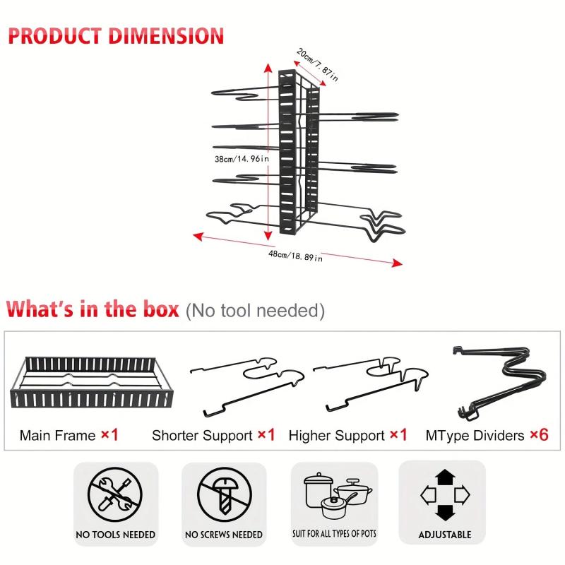 8-Tier Pot Rack Organizers for Kitchen Storage, Adjustable Pan and Lid Holder