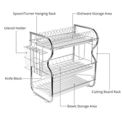 3 Tier Dish Drainer Rack Stainless Steel Drying Holder with Drip Tray