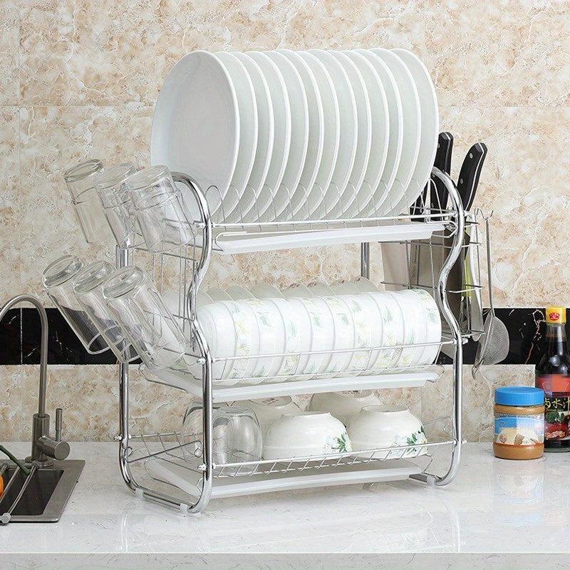 3 Tier Dish Drainer Rack Stainless Steel Drying Holder with Drip Tray