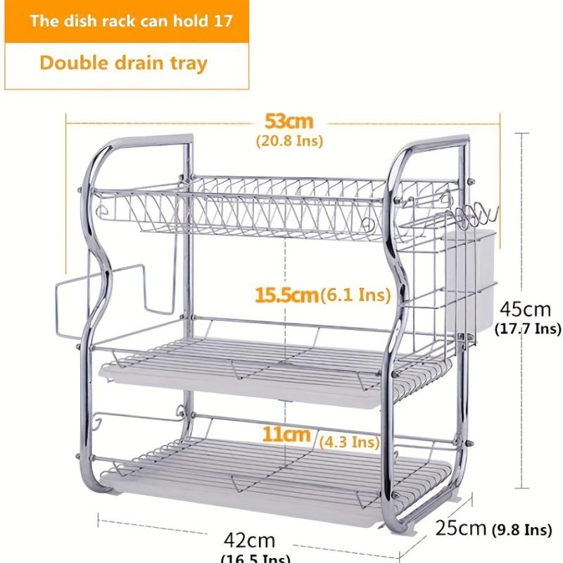 3 Tier Dish Drainer Rack Stainless Steel Drying Holder with Drip Tray