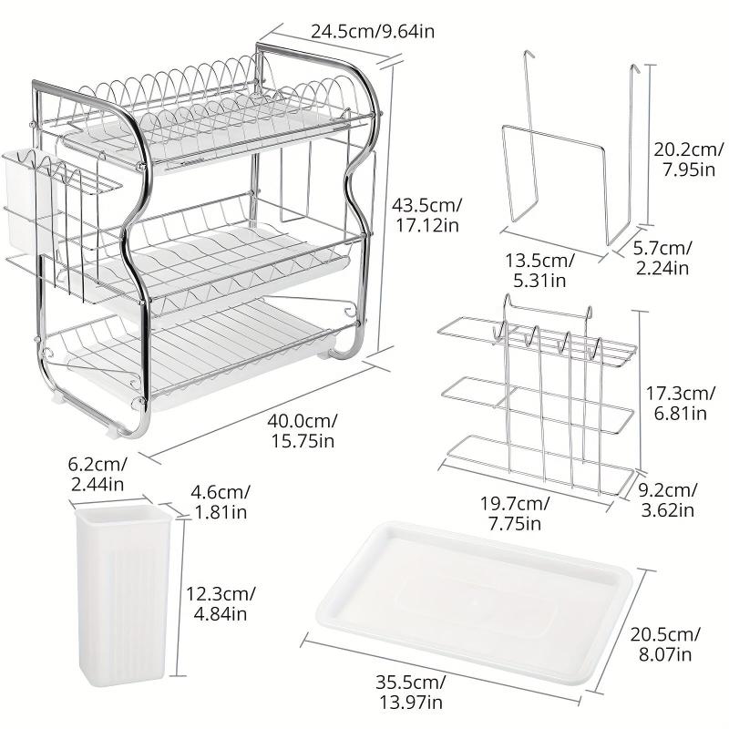 3 Tier Dish Drainer Rack Stainless Steel Drying Holder with Drip Tray