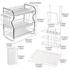 3 Tier Dish Drainer Rack Stainless Steel Drying Holder with Drip Tray
