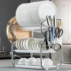 3 Tier Dish Drainer Rack Stainless Steel Drying Holder with Drip Tray