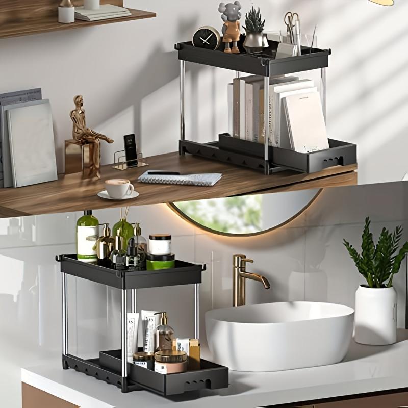 2 Tier Sliding Cabinet Basket Organizer Drawer With Hooks