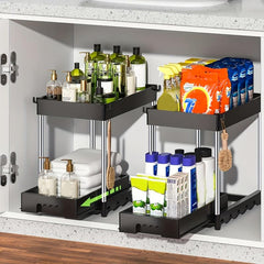 2 Tier Sliding Cabinet Basket Organizer Drawer With Hooks