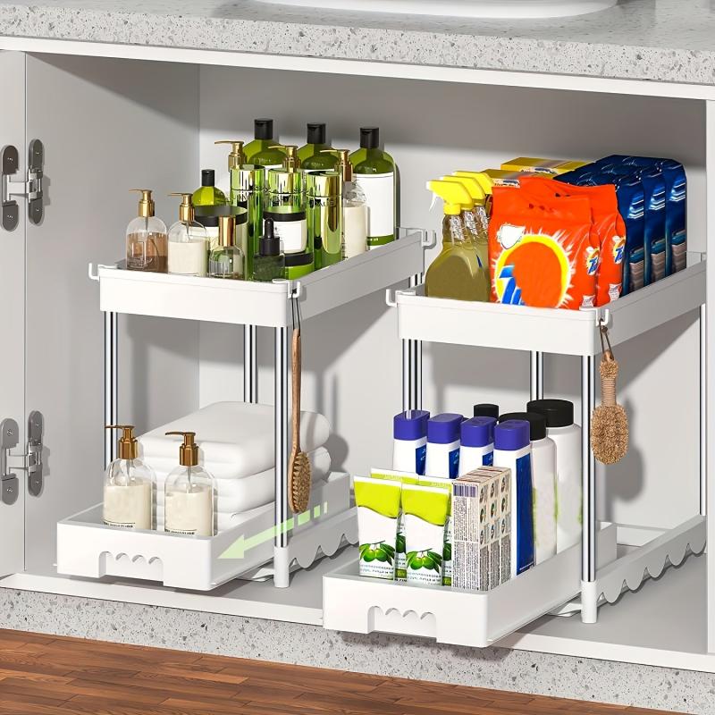 2 Tier Sliding Cabinet Basket Organizer Drawer With Hooks
