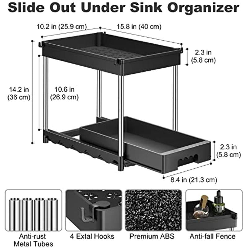 2 Tier Sliding Cabinet Basket Organizer Drawer With Hooks