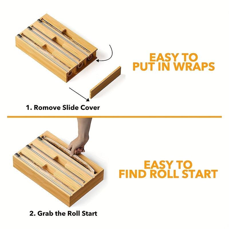 Bamboo Aluminum Foil and Plastic Packaging Organizer with Cutter