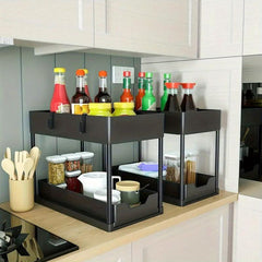 2pcs 2 Tier Sliding Cabinet Basket Organizer Under Sink Bathroom Kitchen Hooks