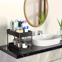2pcs 2 Tier Sliding Cabinet Basket Organizer Under Sink Bathroom Kitchen Hooks