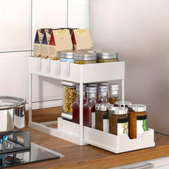 2pcs 2 Tier Sliding Cabinet Basket Organizer Under Sink Bathroom Kitchen Hooks