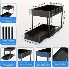 2pcs 2 Tier Sliding Cabinet Basket Organizer Under Sink Bathroom Kitchen Hooks
