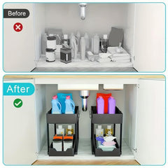 2pcs 2 Tier Sliding Cabinet Basket Organizer Under Sink Bathroom Kitchen Hooks